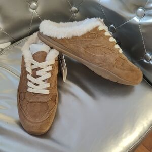 Zara Tan Suede Faux-Shearling Slip-On Clog Sneakers
